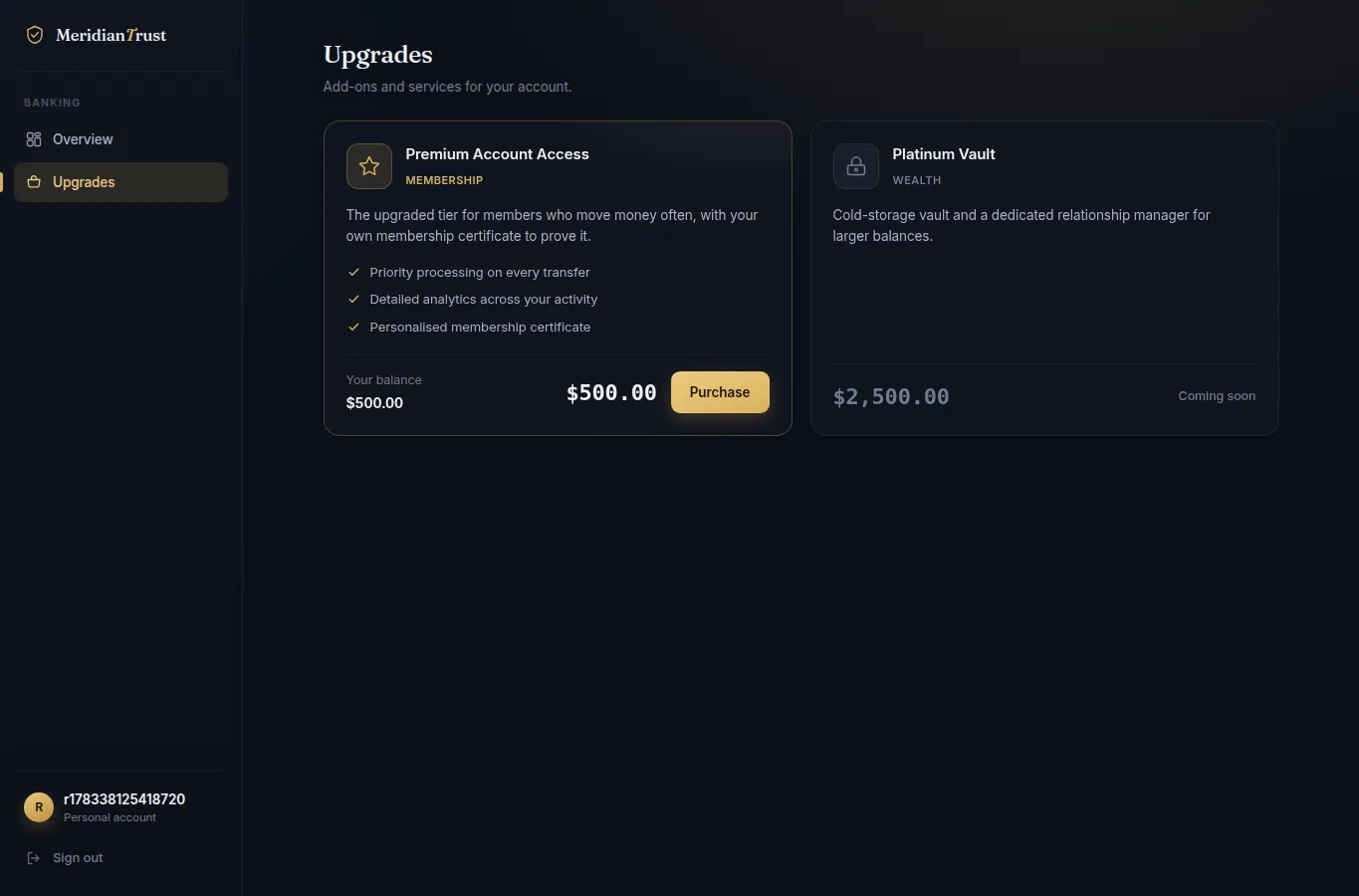 Store page showing Premium Account Access at $500.00