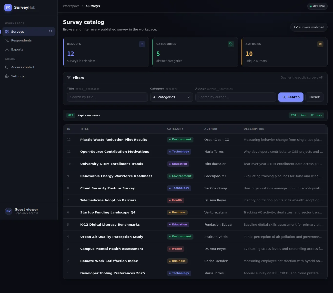 SurveyHub public survey catalog
